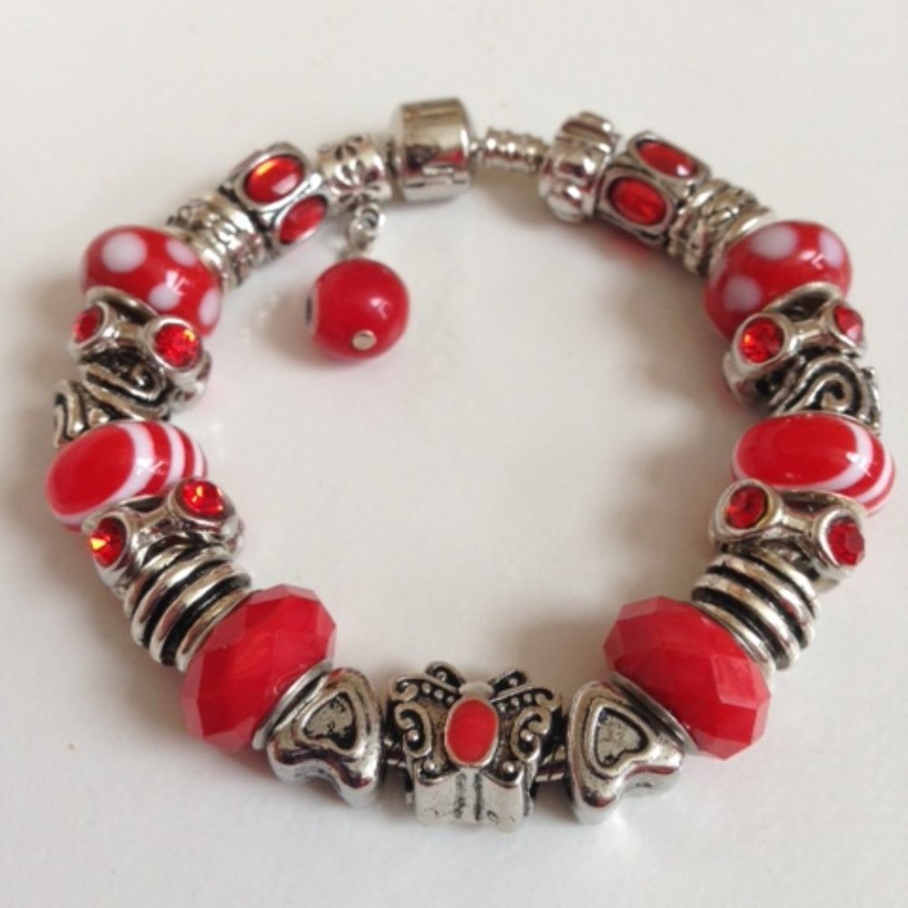 European Style Bracelet with Murano,Rhinestones,Faceted Beads,Barrel Clasp,7.5"